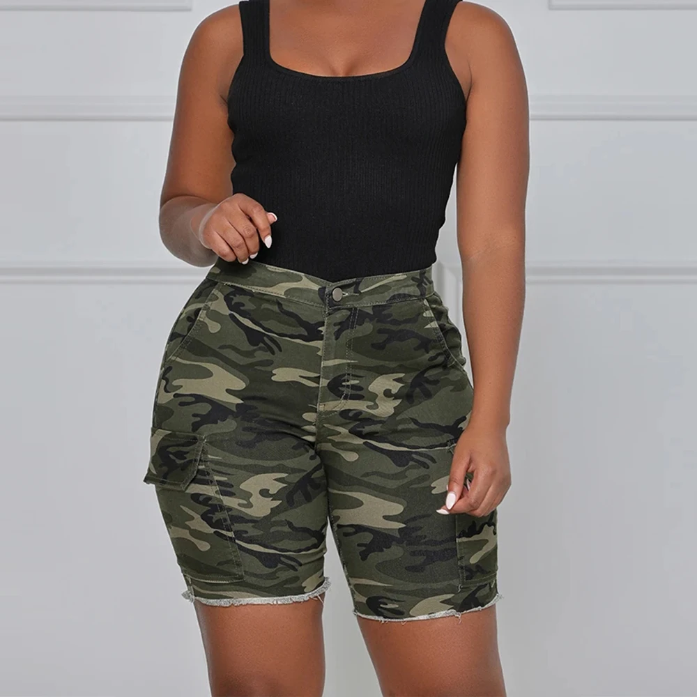 

Модные дикие камуфляжные джинсовые шорты с завышенной талией, потертые, с необработанным подолом, облегающие узкие джинсы, женская повседн...