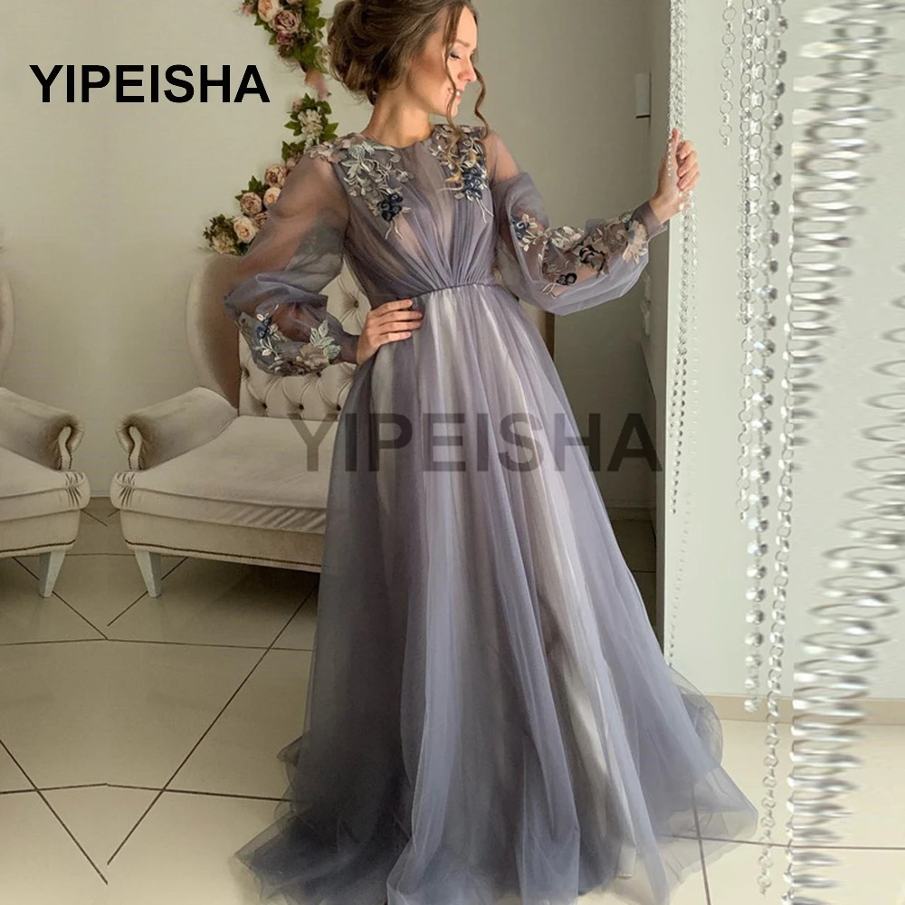 

O-Neck Tulle Appliques Evening Dress Long Sleeves A-Line Floor Length See-Through Sweep Train Prom Party Gown robes de soirée