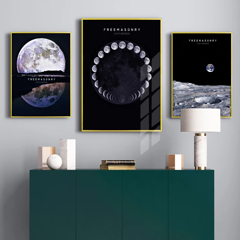 Постер на холсте в скандинавском стиле с изображением Луны и земли черно белый