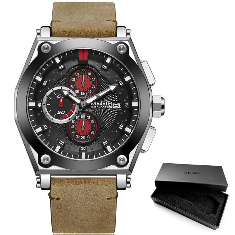 ML2098G-Silver-Black Megir Мужские кварцевые часы с кожаным ремешком, армейские спортивные Водонепроницаемые наручные часы с хронографом для мужчин, светящиеся часы Relogios, 2098 синий цвет - Цвет: ML2098G-Silver-Black