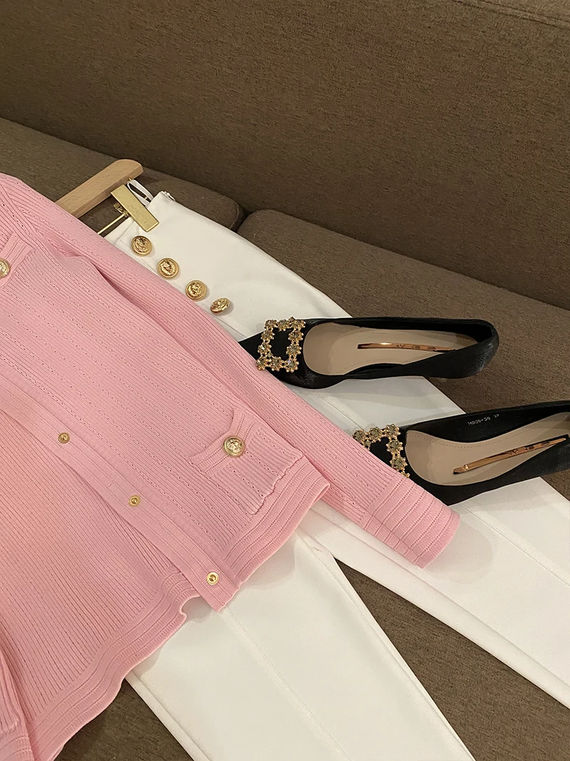 Женский облегающий вязаный свитер на пуговицах розовый кардиган Осень-зима 2021 |