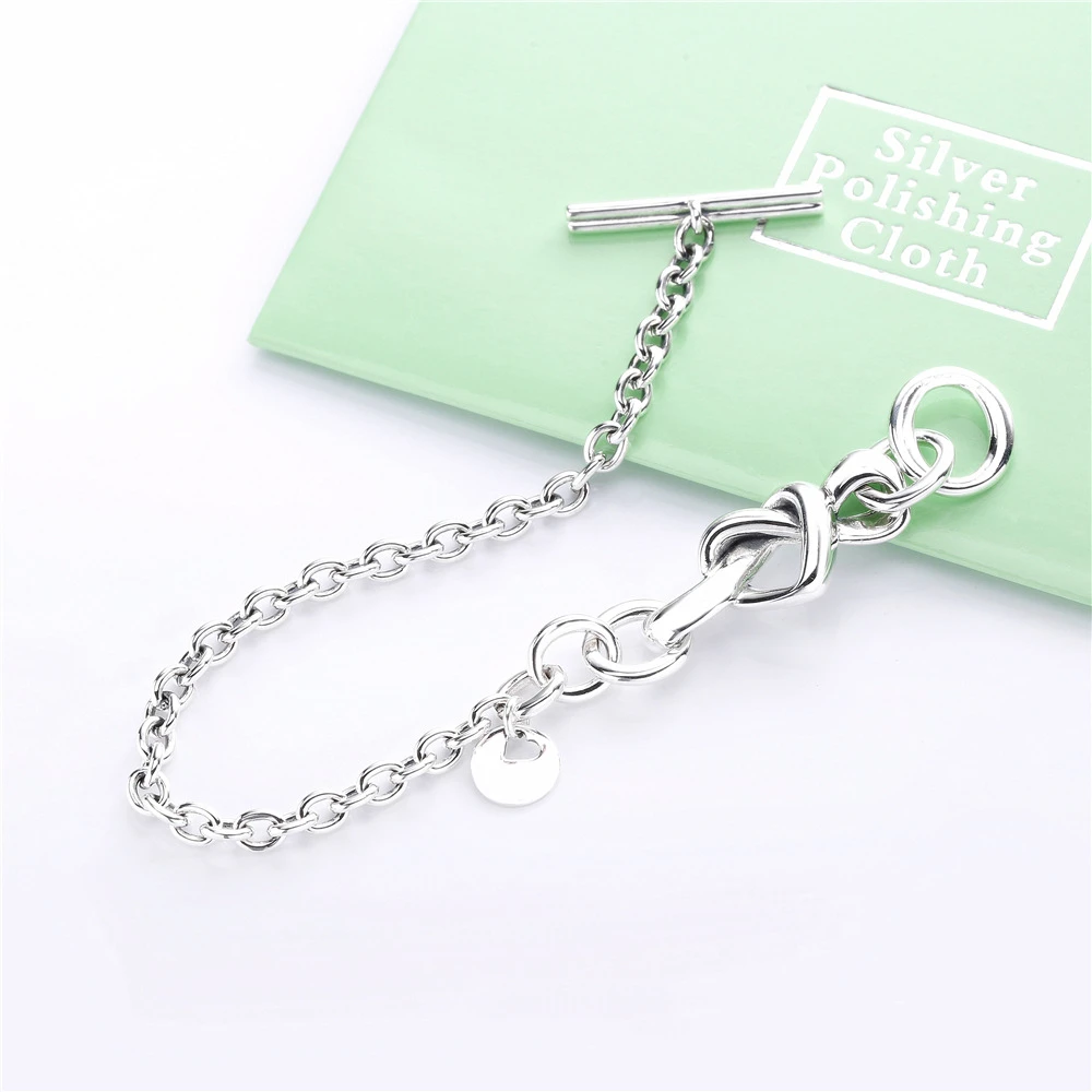 

100% 925 Sterling Silver pan Charms Knotted Heart T-Bar Bracelet The love bracelet channels the symbolism of the knot