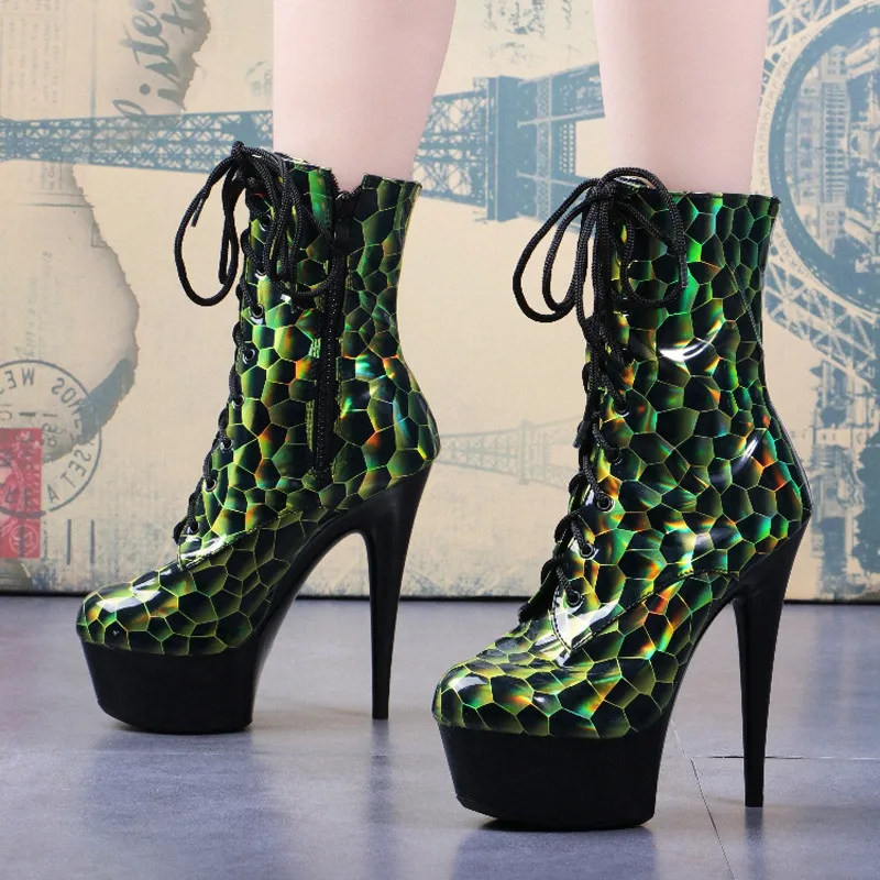 

6 Inch Fish Scale Pattern High Stripper Heels Platform Women Boots Sexy Fetish Pole Dance Shoes Models Show Nightclub Party New