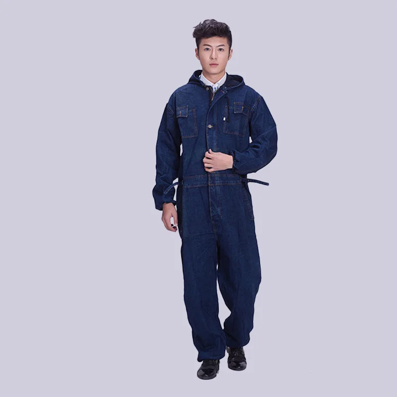 Мужской джинсовый комбинезон с капюшоном синий длинными рукавами и карманами