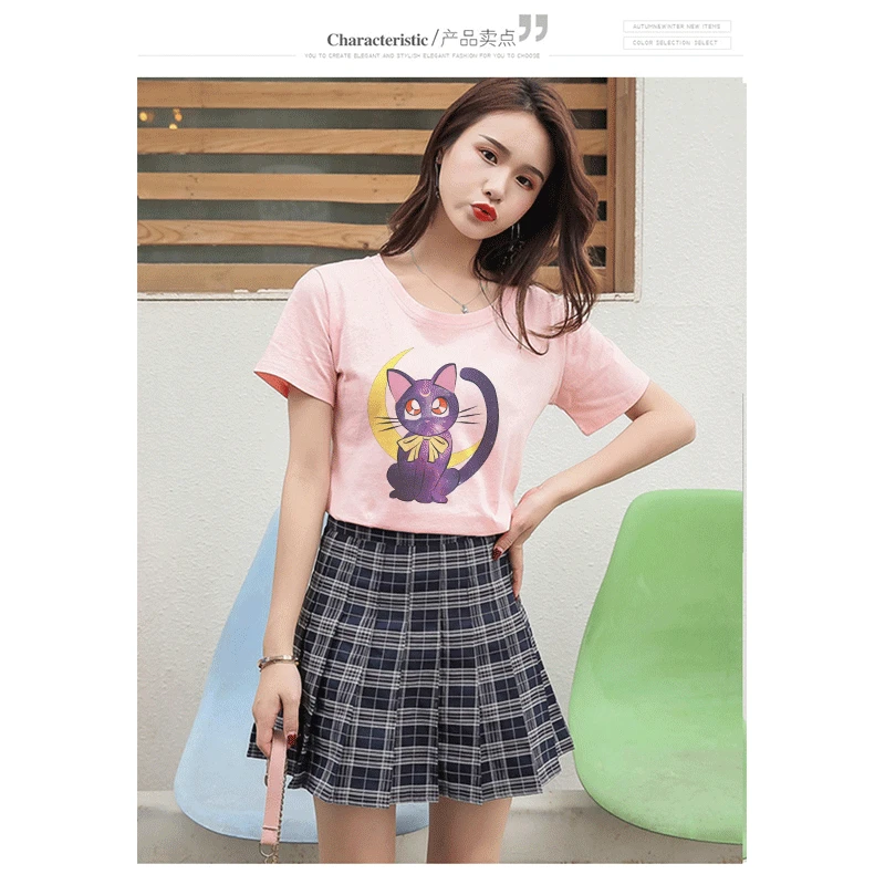 Sailor Moon 90s Funny Pink T Shirt Harajuku Clothes Tshirt Aesthetic Cat Anime Vogue T-shirt Kawaii Graphic Tees Ullzang Women