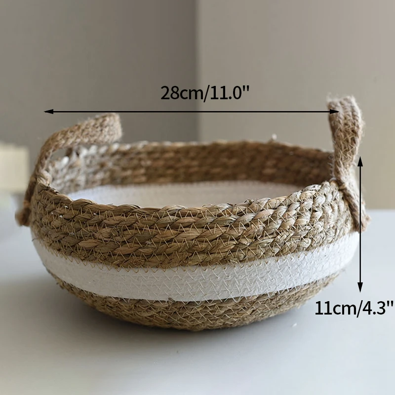 

Woven Storage Baskets Handle Round Seagrass Baskets Desktop Snack Organizer Box handmade Fruit storage Box Japanese Style