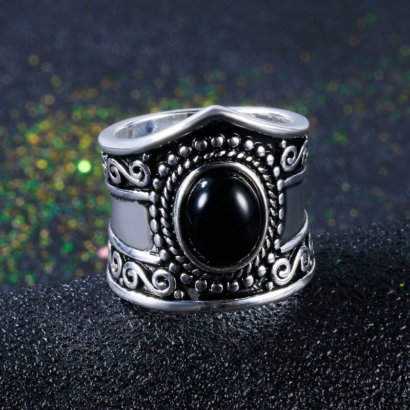 

S925 Silver Color Big Crystal Rings for Women Boho Antique Indian Moonstone Ring Obsidian Fine Jewelry anillos mujer Bizuteria