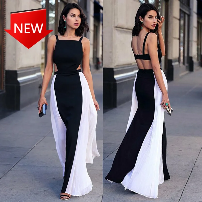 

Spaghetti Strap Big Swing Long Maxi Dress Women Summer Dress Plus Size Patchwork Black And White Dress Sexy Sleeveless Backless