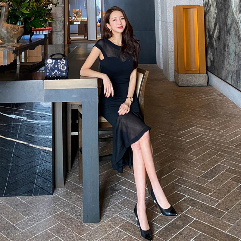 Женское платье Русалка с вырезом H Han Queen элегантное черное Сетчатое повседневное