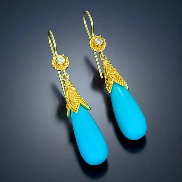 

Bohemian Vintage Drop-Shaped Turquoise Sapphire Earrings European And American Carved Diamonds Bridal Women's Jewelry Earrings