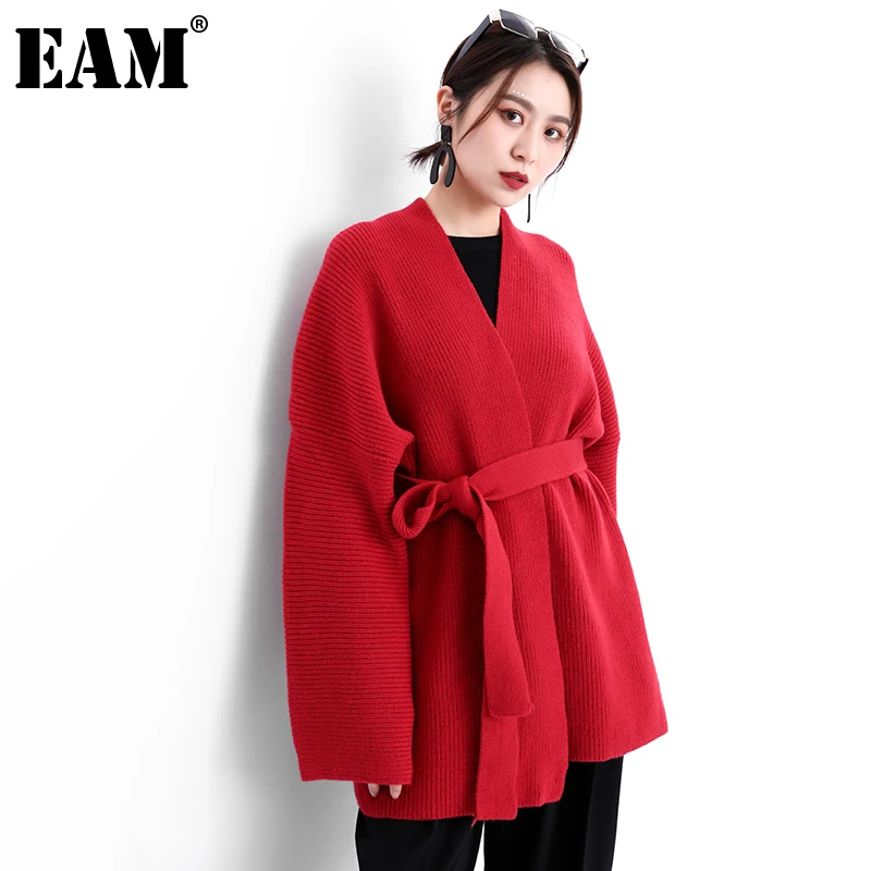 

[EAM] вязаный кардиган с поясом большого размера, свитер, свободный крой, v-образный вырез, длинный рукав, Женская Новая мода, Осень-зима 2021, ...