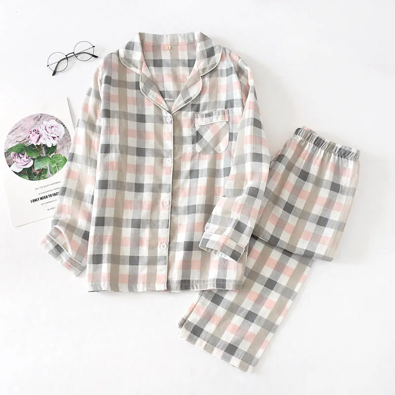 Simple Style Men And Women Plaid Homewear Lovers Full Sleeve Pajamas Set Coup;es Comfort Gauze Cotton Sleepwear Set For Spring