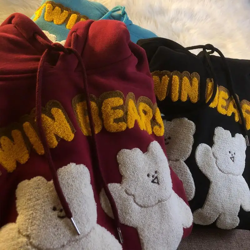 

Thicken Fleece Hoodies Women 2020 Fall Korean Clothes Embroidery Bear Cute Hooded Oversized Outwear Fashion Sweatshirt