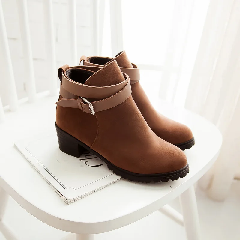 

frosted Pu thick heel short tube women's shoes belt buckle anti slip sole large size women's Boots