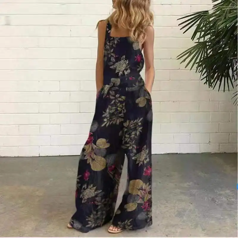 

2021 cotton and linen printed straps jumpsuits