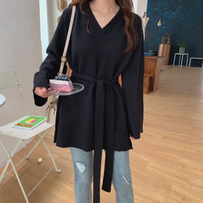 REALEFT Autumn Winter Sashes Long Sleeve Women's Pullover Sweater Fashion Casual Knitted Female 2019 New | Женская одежда