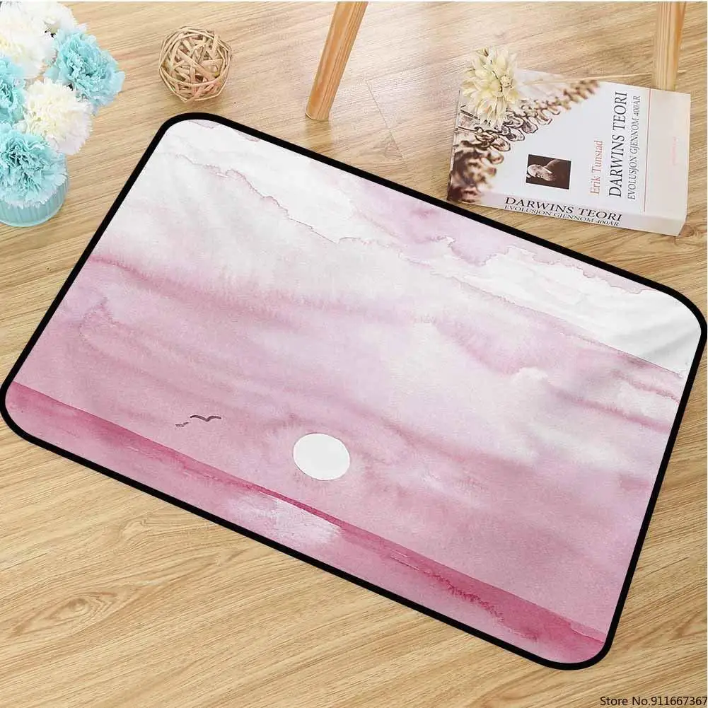 Чайки коммерческого класса входной коврик восход на пляже с птицами летающими по