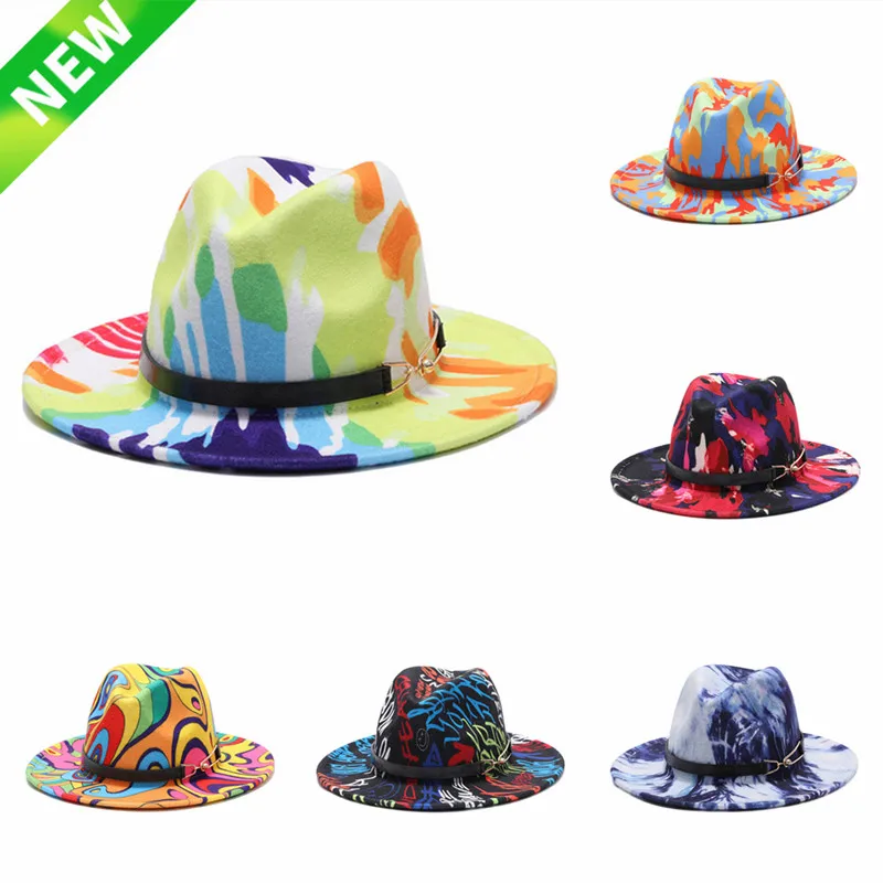 

Printed Fedora Hat Men Women Felt Vintage Style Wide Brim Panama Hat with Chain Belt Buckle Spring Autumn Wholesale