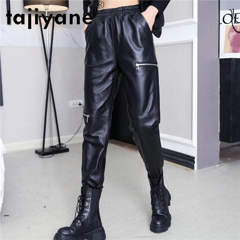 Tajiyane Cargo Pants Women Genuine Leather Pants Woman Real Sheepskin High Waist Trousers Korean Style Mujer Pantalones TN2418