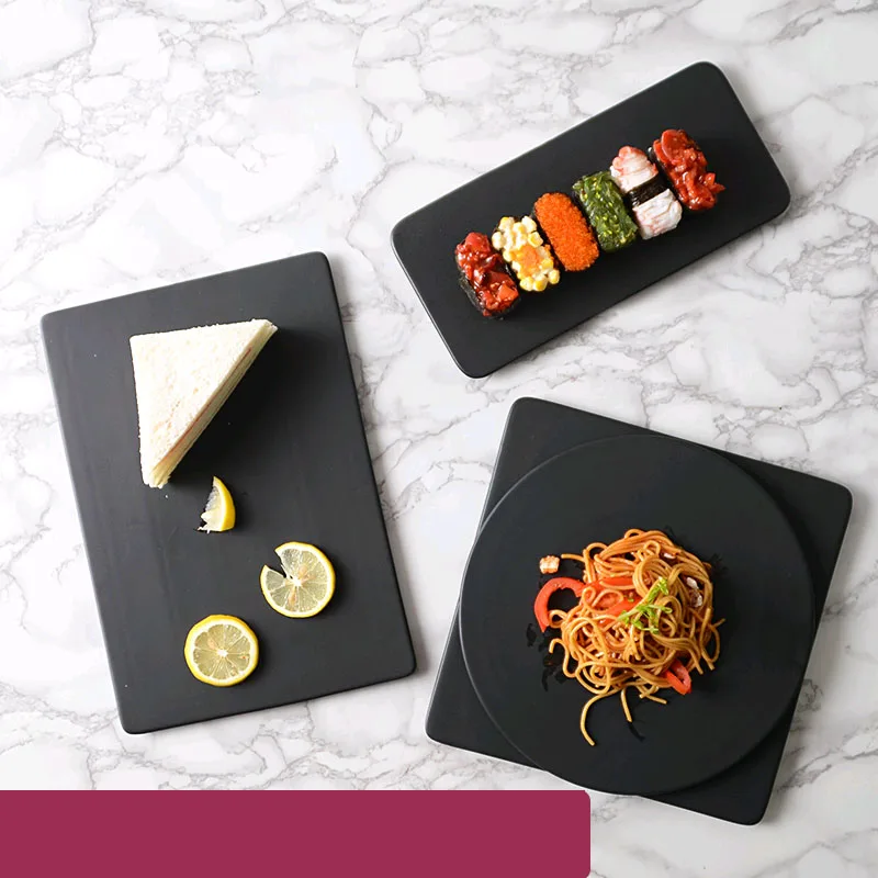 

Matte black ceramic Western food plate cake dessert Salad Bread cake sushi salmon sashimi long plate roast chicken wing plate