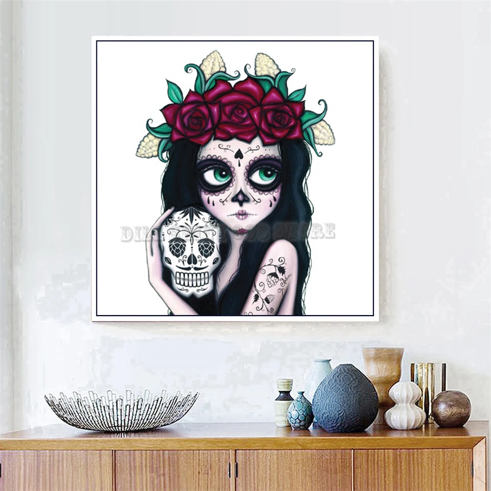 Алмазная 5D картина сделай сам с изображением сахарного черепа девочки полная