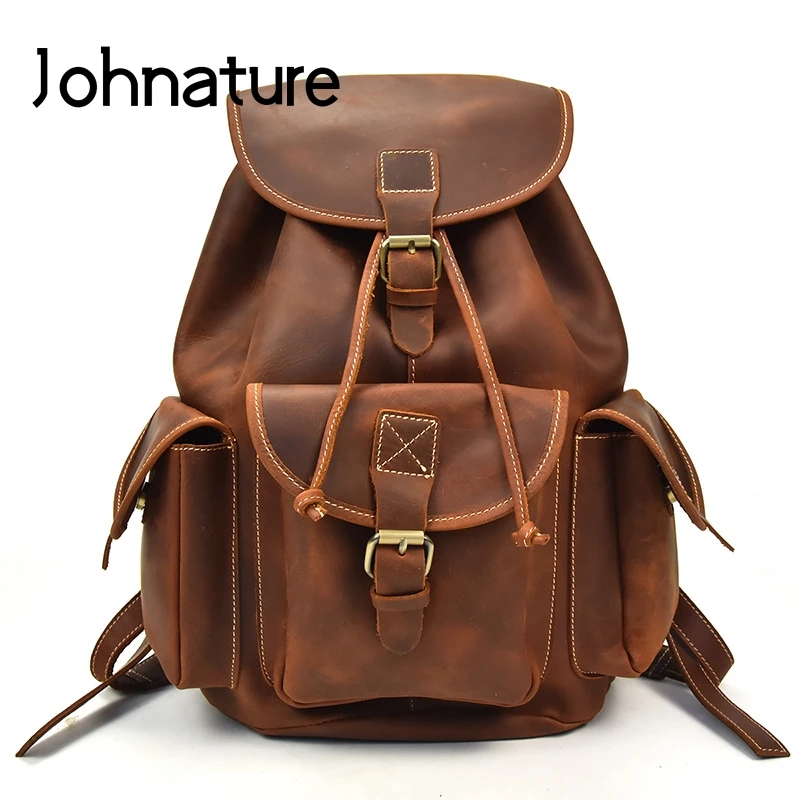 Мужской винтажный рюкзак из воловьей кожи Johnature Вместительная дорожная сумка Crazy