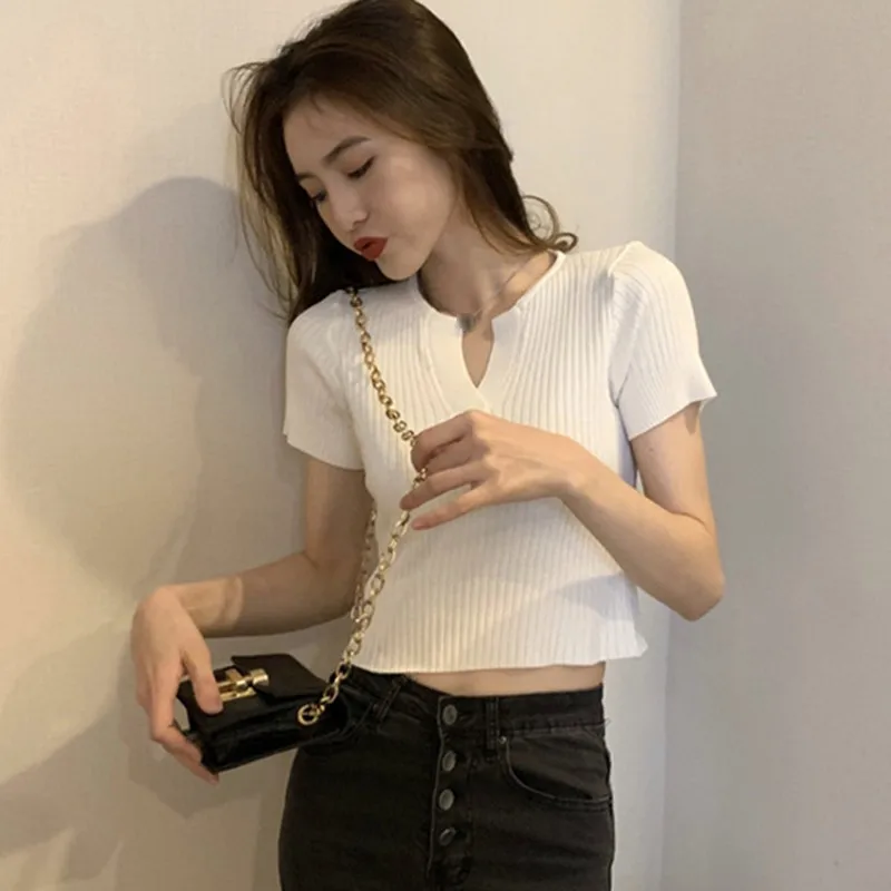 

oioninos Women's T Shirt V-Neck Solid Exposed Navel Slim Casual Knitted Short Sleeve T Shirt