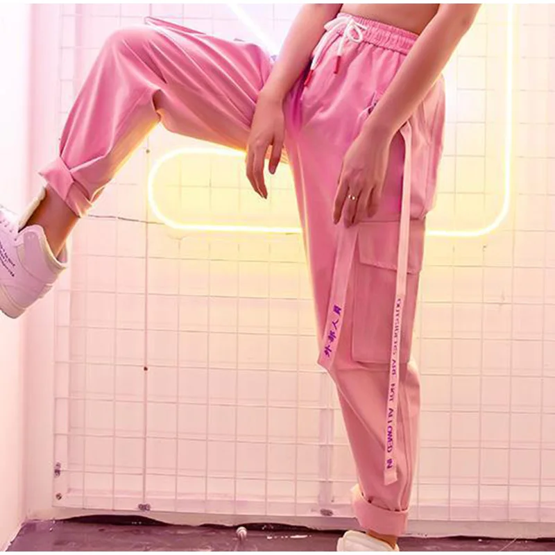 Hip Hop Harajuku Women's Cargo Pants Plus Size Patchwork Lace-up Straight Sweatpants Female Streetwear Sports Trousers