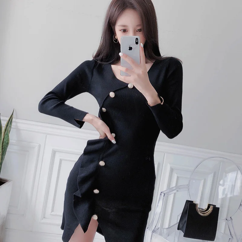 Женские платья свитеры облегающее Элегантное синее вязаное Хлопковое платье