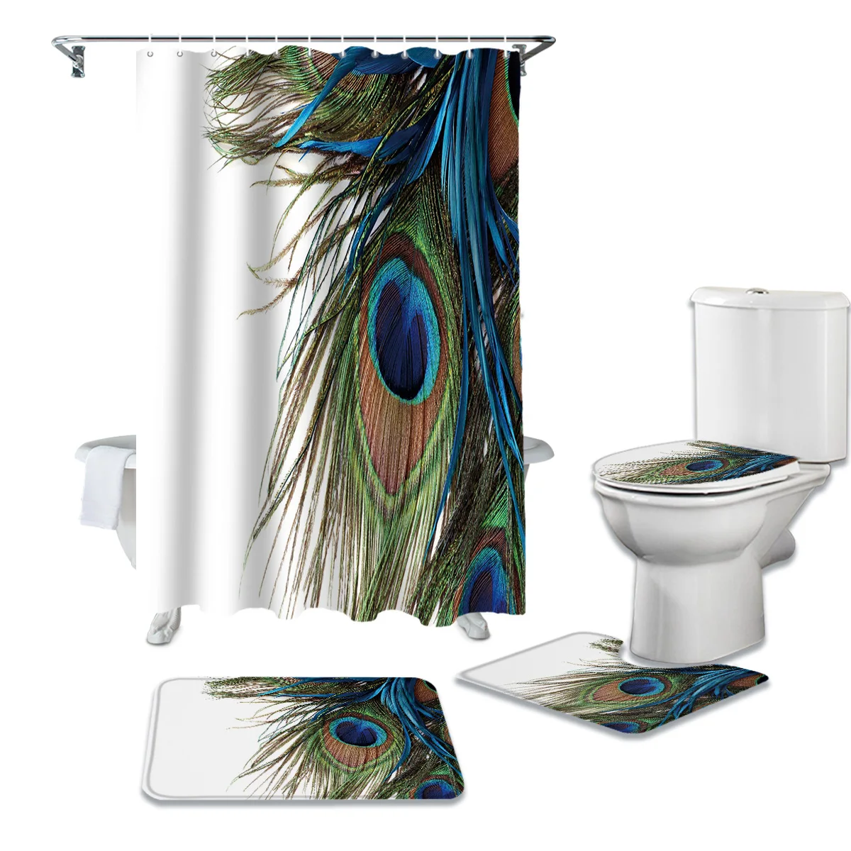 С принтом павлиньи перья Белая Ванная комната Шторы комплект набор ковриков для