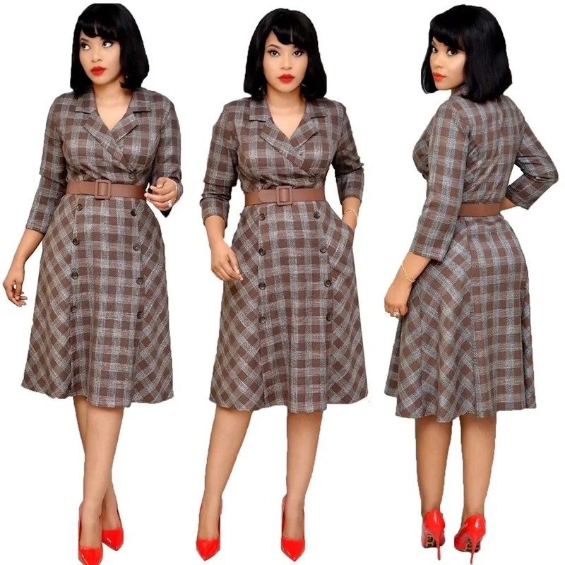 

2020 Spring Women Dresses Office Lady Cotton Three Quarter Plaid Mid-Calf Loose Dresses Africa Clothing Notched Women Dresses
