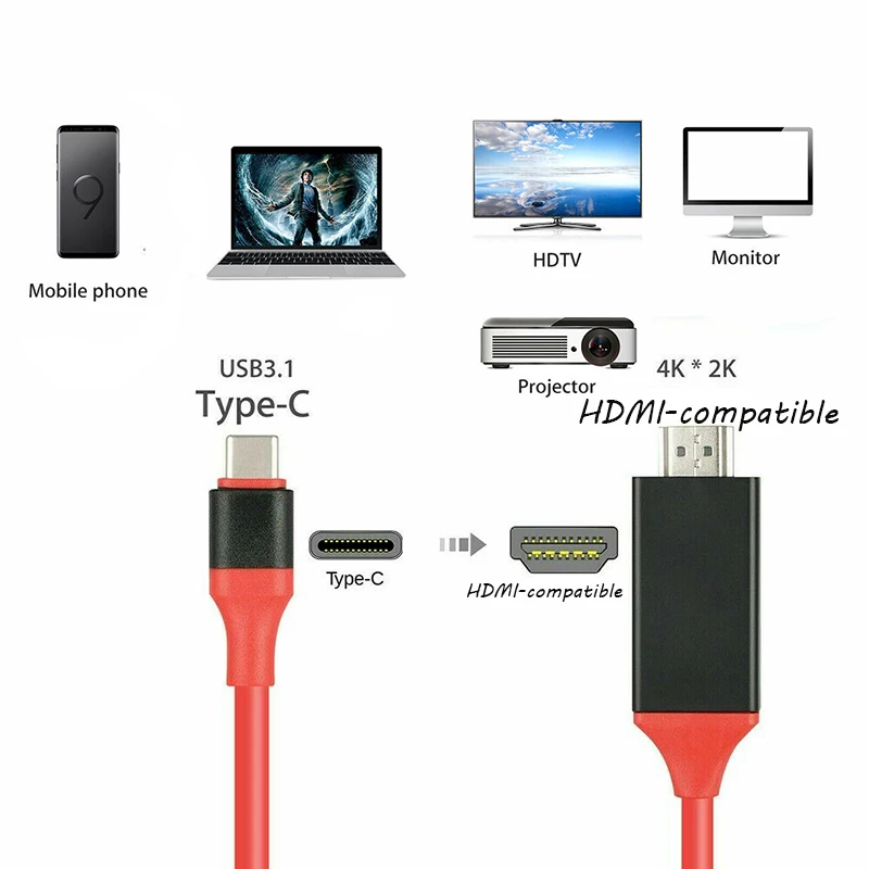 Высокоскоростной кабель 4K HD с разъемами USB Type-C и HDMI 2 м | Электроника