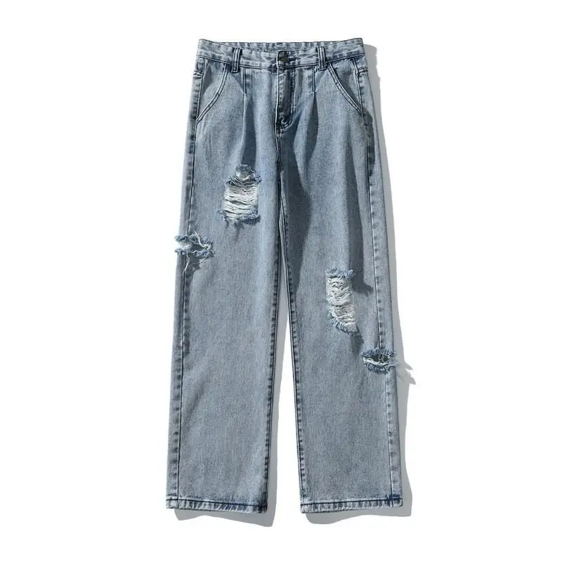 

Hollow jeans men's solid ripped trousers 2021autumn new fashion high street hip-hop style retro straight loose wide-leg trousers