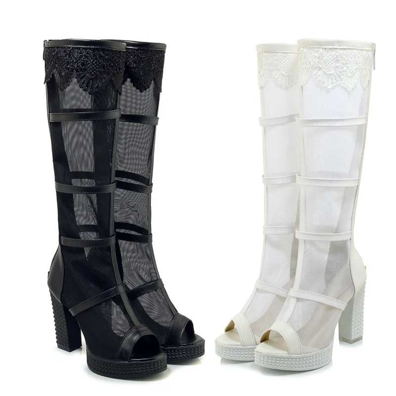 

Sexy Women's Mid Calf Boots Fish Mouth Thick Bottom Female Shoes Fashion Hollow Out Women Booties Platform Ladies Mesh Botas