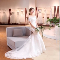 glamorous brilliant wedding dress boat neck short sleeves lace applique sequins lace up mermaid chapel bridal gown