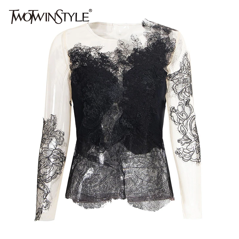 Женская винтажная Кружевная футболка TWOTWINSTYLE облегающая Асимметричная с круглым