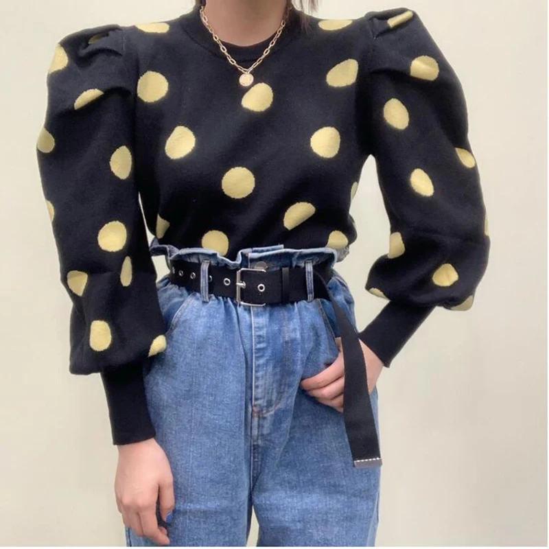 Зима 2020 укороченные топы с пышными рукавами Женский винтажный вязаный свитер в