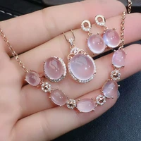 meibapj natural pink rose quartz gemstone fine jewelry set 925 silver necklace earrings ring bracelet wedding jewelry for women