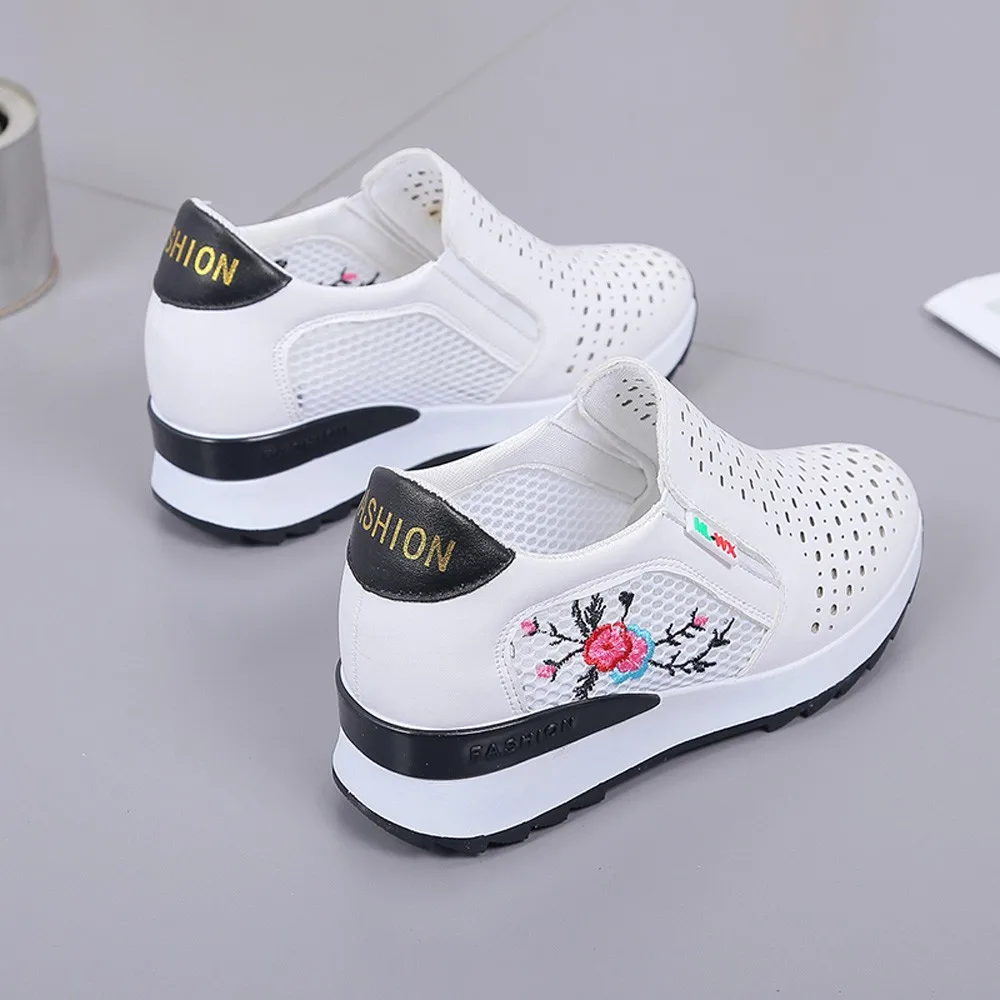 

Fashion Floral Embroidered Leather Platform Evelator Shoes Women Swing Wedge Inner Increase Casual Shoes Platform Shoes
