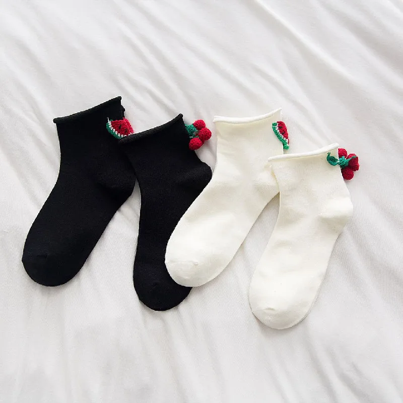 Японские Женские носки черно-белые с ворсом Прошитые вручную арбузом вишней