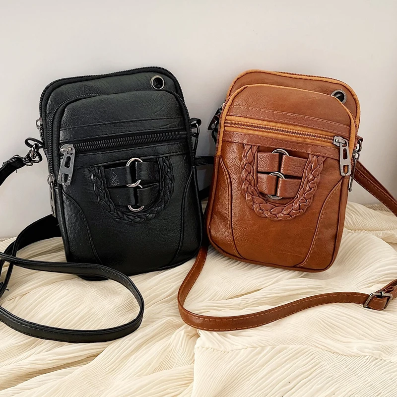 

Vintage PU Leather Shoulder Bag Multiple Pockets Messenger Bags Solid Color Coin Purse Female Cell Phone Holder Bag High Quality