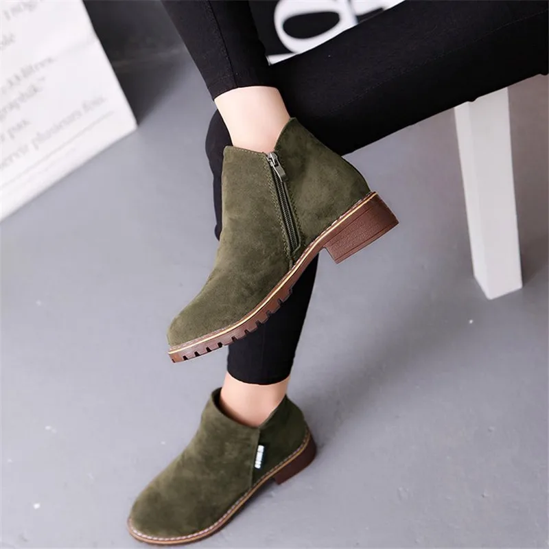 Plus Size EU42 Women Ankle Boots Flock Square Heel Autumn Winter Shoes Female Short Boot Round Toe Zipper Ladies Low Heel Shoes