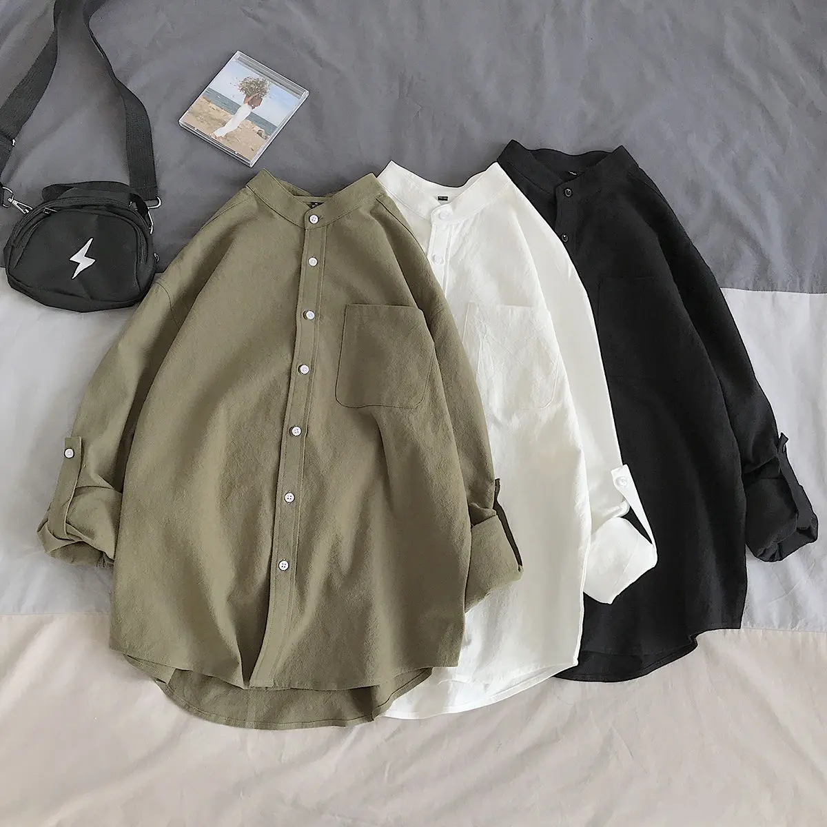 

Long sleeve Solid Shirt for Men Loose Coat White Black Green Bottoming Shirts Top Korean Mid-length Male Clothes Cotton Oversize