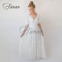 v neck short sleeve a line lace boho wedding dresses backless chiffon see through bridal gown vestido de noiva robe de mari%c3%a9e