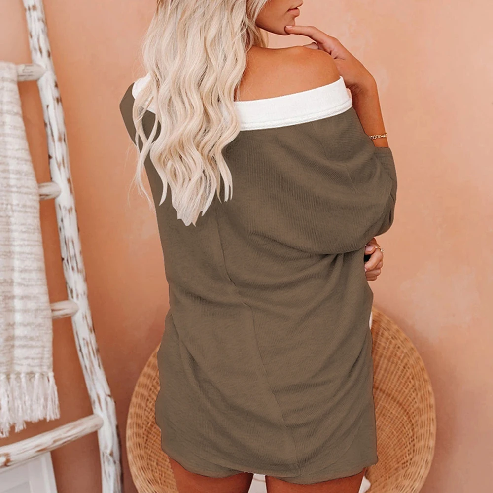 Осенний сексуальный женский костюм из двух предметов с v-образным вырезом