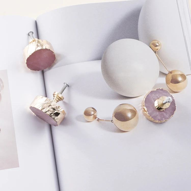 Ручки из розового кристалла и мрамора с одним отверстием для мебели кухонных