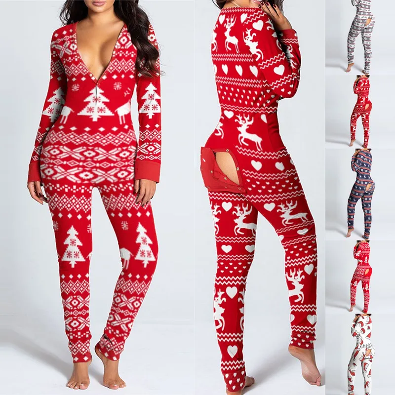 

Women Button-down Buttoned Flap Adults Jumpsuit Lattice Valentine's Day winter stretchy Button Design Pajamas One Piece Adulto