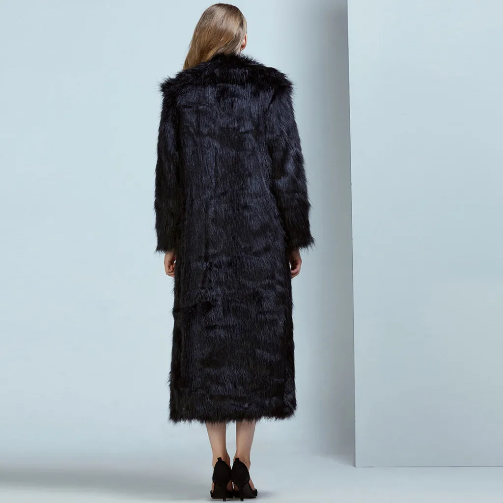 Ladies Faux Fur Wool Lamb Long Coat Fashion Women Outwear Long Sleeves Warm Coat Plush Jacket Long Overcoat Solid Plus Size