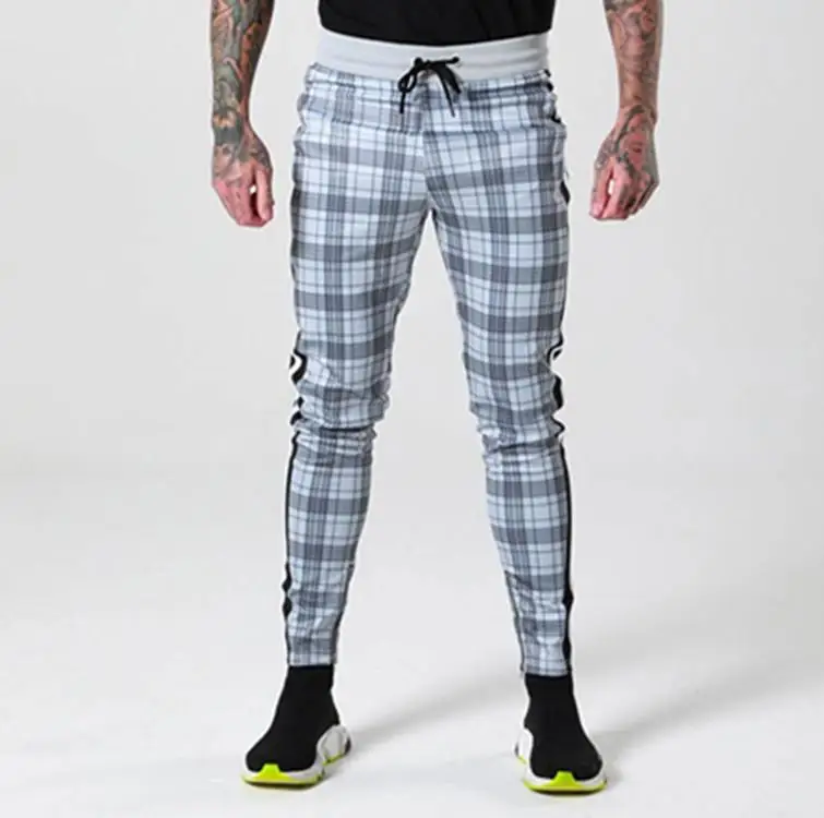 SHENGLANGYIN Mens Chinos Slim Fit Skinny Pants For Men Chino Trousers Plaid Design Fashion Grey With Stripe at Side zm353 | Мужская