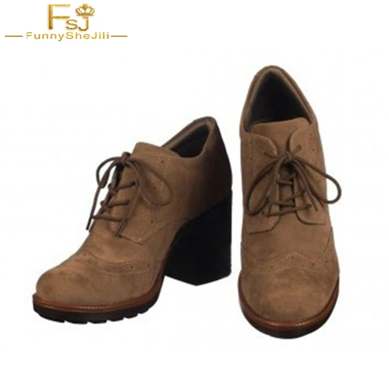 Оксфорды цвета хаки на каблуке с круглым носком шнуровке блочном Винтажная обувь